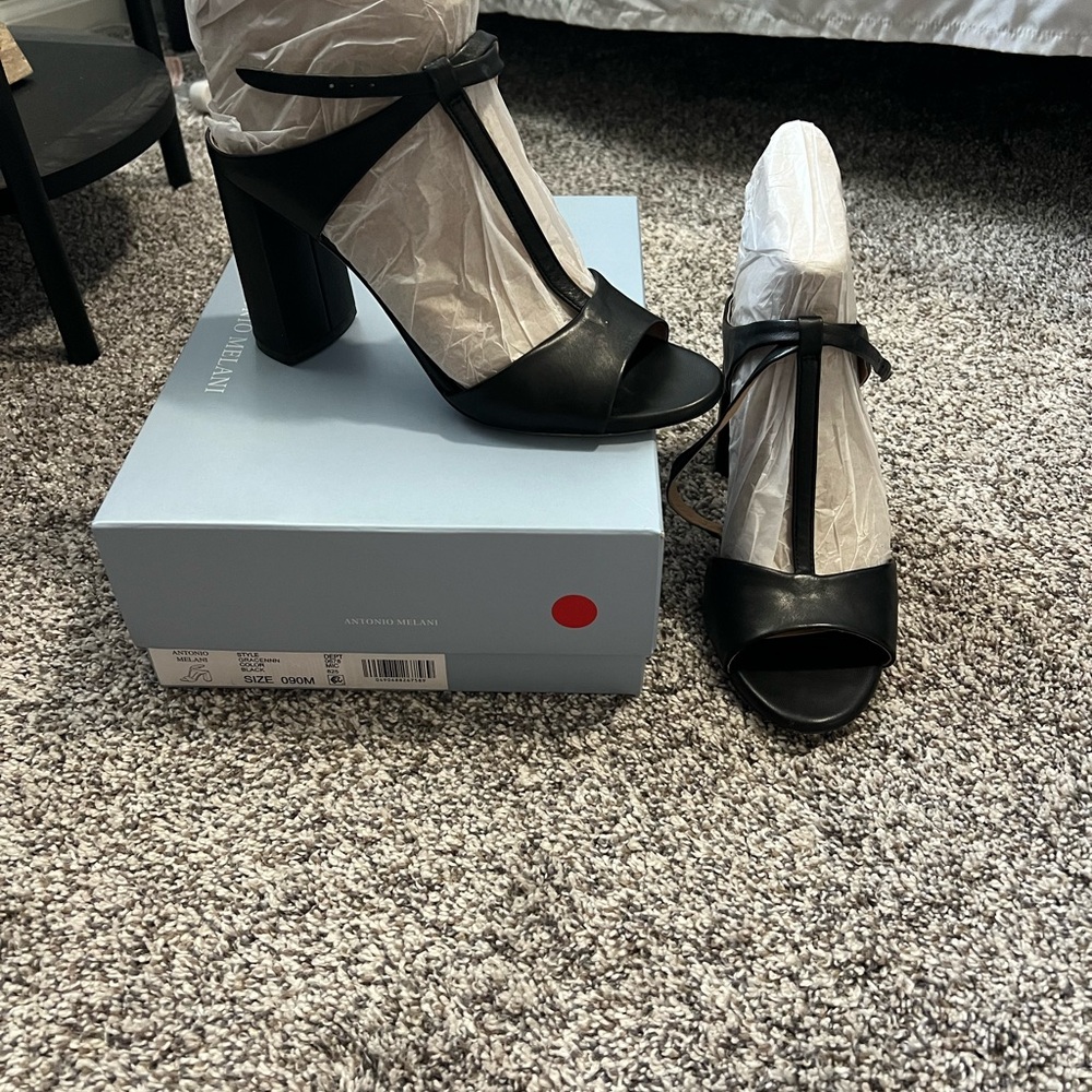 ANTONIO MELANI Black Leather T-Strap Block Heels